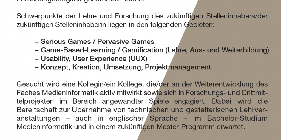 Anzeige W2-Professur Medieninformatik/Angewandte Spielkonzepte/ Applied Games