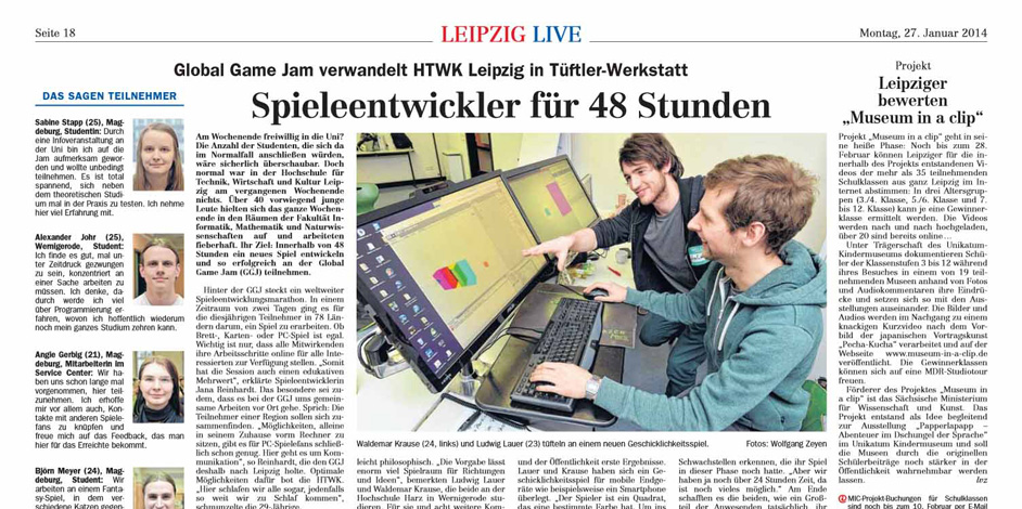 Artikel aus der Leipziger Volkszeitung zum Global Game Jam vom 27. Januar 2014