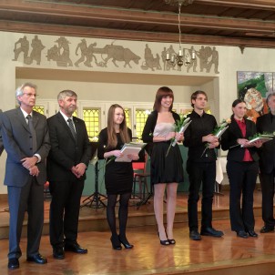 Feierliche Exmatrikulation 2014, (v.l.n.r) Prof. Günther, Prof. Krauser, Prof. Zimmermann, Vanessa Segert, Maria Schülke, Patrick Schmidt, Anne Körner, Prof. Willingmann / Foto: D. Ackermann